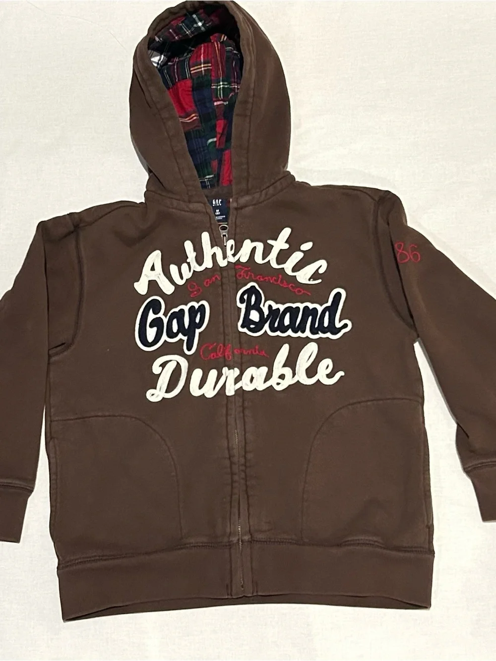 GAP Brown Hooded Zip Sweatshirt with Plaid Lining Size Kids 8